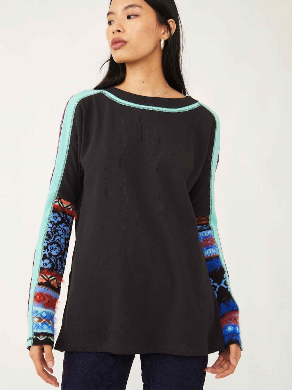 Free People On My Way Cuff Thermal Top Size L Charcoal Knit Sleeve Oversized